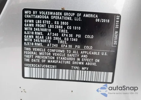 2018 Volkswagen Atlas 3.6L V6 Se из США, поврежденный, VIN 1V2CR2CA7JC582261